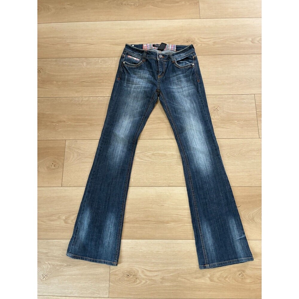 SILLY Jeans Women's Y2K Blue Wash Distressed Bootcut Flare Denim Pants 7